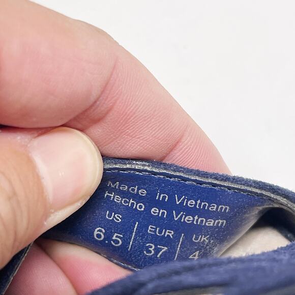 Aldo Womens 6.5 Navy Blue Lace Up Suede Heels 4" Round Wood Heels Open Toes - Picture 12 of 16